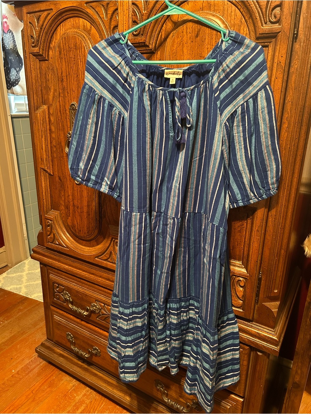 Wonderly Navy & Light Blue Striped Off-Shoulder Kids Dress